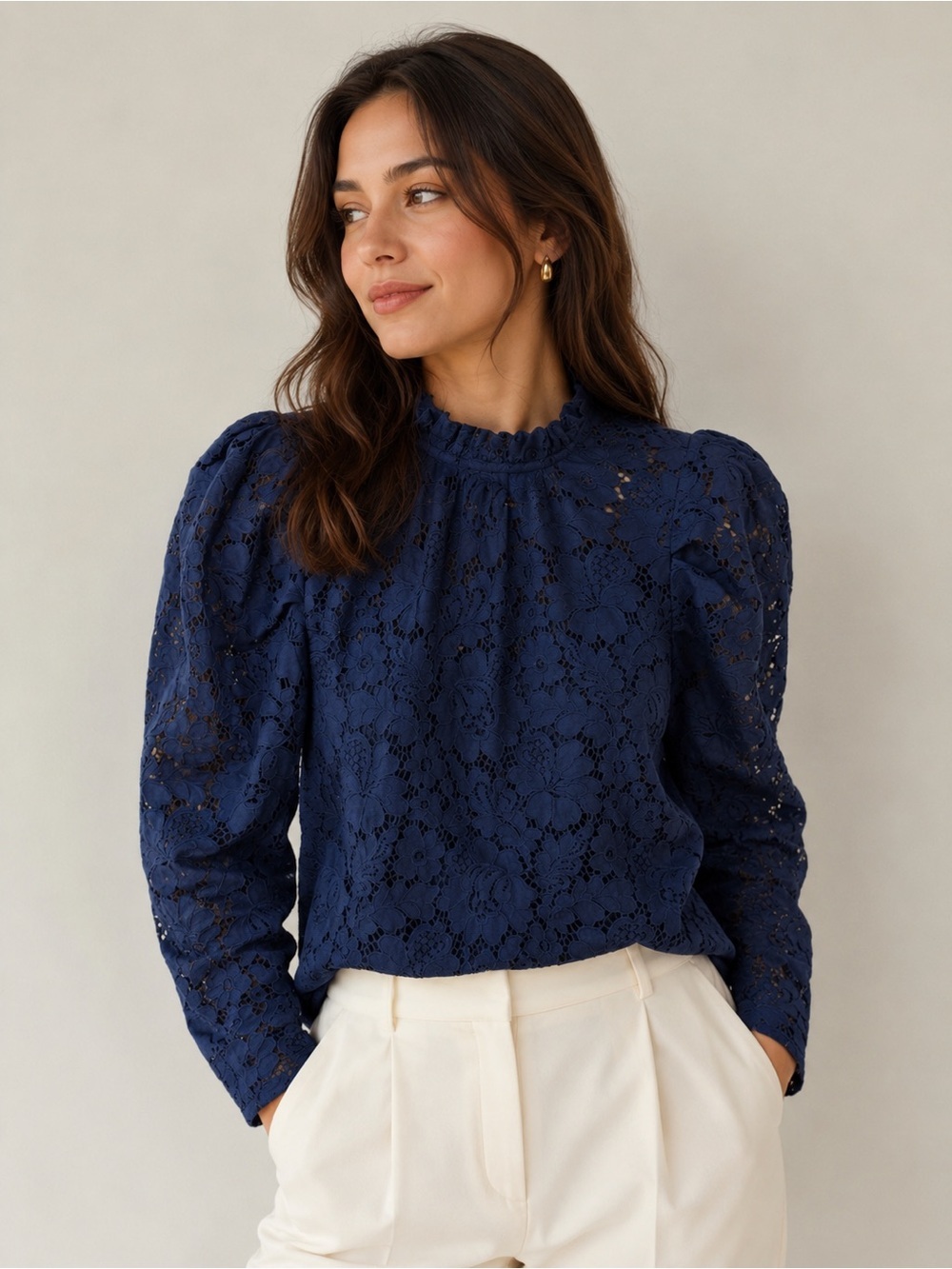 Express Navy Blue Floral Lace Puff Sleeve Mock Neck Blouse Top XS